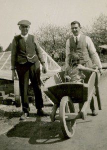 Robert Budd, Arthur & Audrey Chandler by greenhouse in the Old Nursery c1925